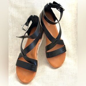 Nine West Black Platform Sandals Cork & Chunky Comfort Sole Ankle-Wrap
